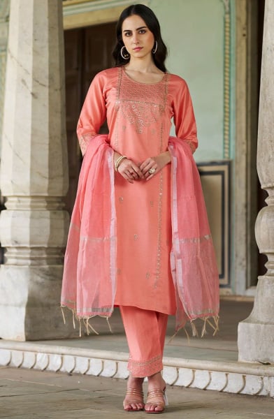 Peach Viscose Rayon Readymade Pant Kameez
