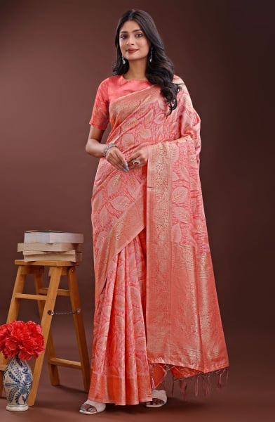 Peach Weaving Design Cotton Saree