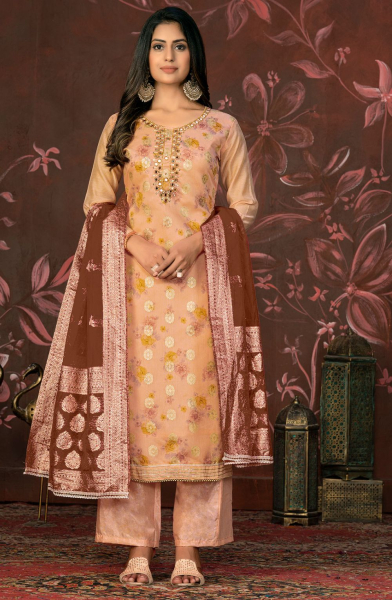 Peach Woven Hand Work Partywear Suit