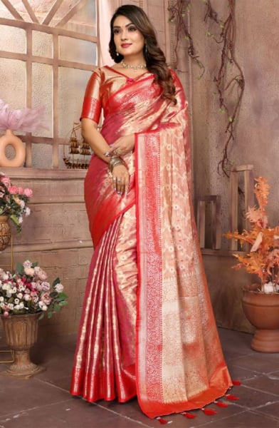 Peach Woven Handloom Tissue Silk Saree