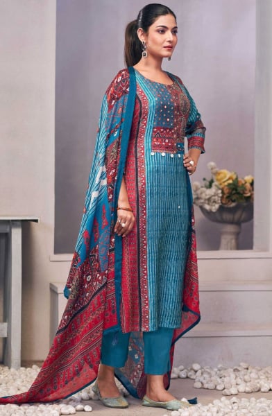 Peacock Blue Ajrakh Print Pure Muslin Silk Readymade Suit