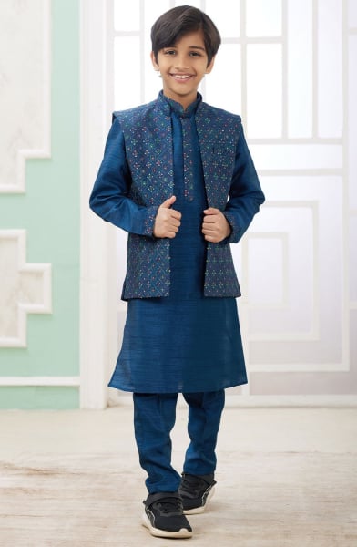 Peacock Blue Art Silk Kids Kurta Set with Jacket