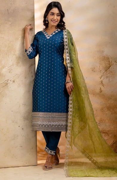 Peacock Blue Chanderi Silk Readymade Pant Kameez