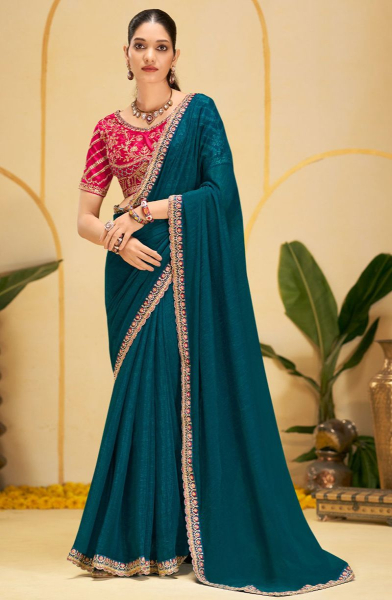 Peacock Blue Chiffon Saree with Embroidered Blouse