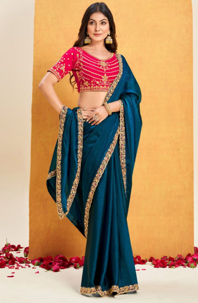 Peacock Blue Chiffon Saree with Embroidered Blouse