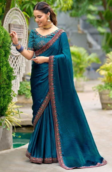 Peacock Blue Chiffon Saree with Embroidered Blouse