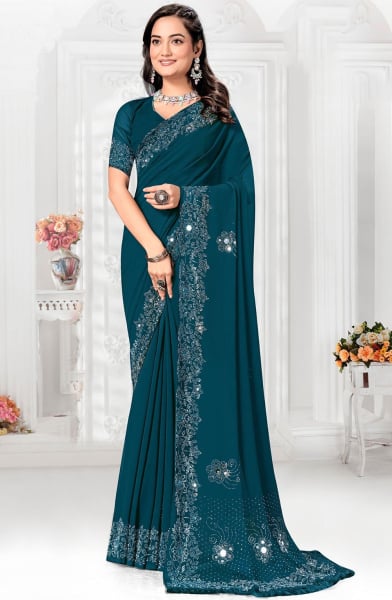 Peacock Blue Embellished Faux Chiffon Saree