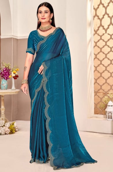 Peacock Blue Embellished Fendi Satin Silk Saree
