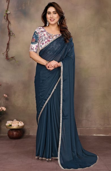 Peacock Blue Embellished Georgette Saree