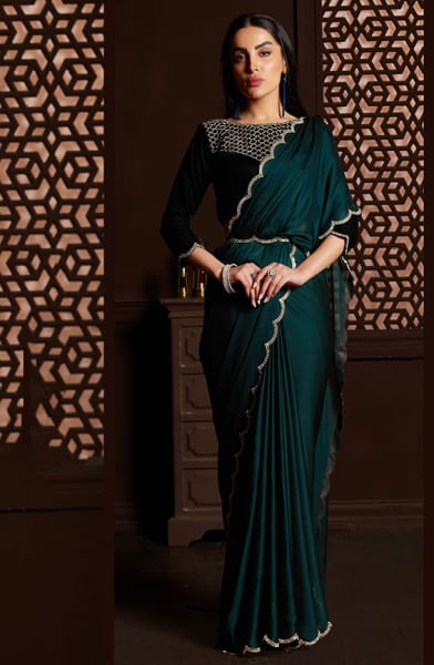 Peacock Blue Embellished Satin Silk Chiffon Saree