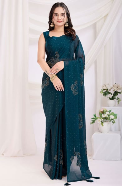 Peacock Blue Embellished Silk Ready to Wear Saree