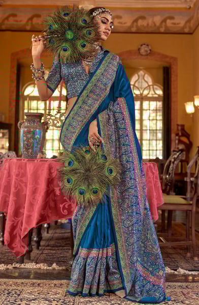 Peacock Blue Embellished Viscose Silk Saree