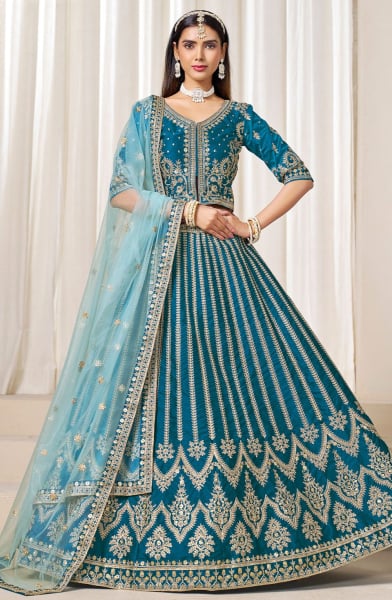 Peacock Blue Embroidered Art Silk Lehenga Choli