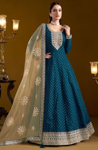 Peacock Blue Embroidered Chanderi Butti Anarkali Suit