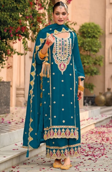 Peacock Blue Embroidered Chinnon Palazzo Kameez