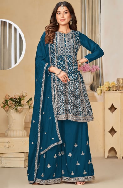 Peacock Blue Embroidered Chinnon Palazzo Kameez for Festival