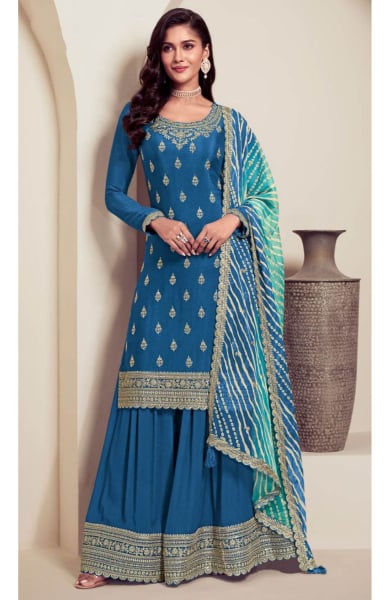 Peacock Blue Embroidered Chinnon Palazzo Kameez for Festival