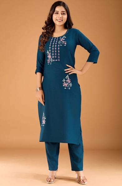 Peacock Blue Embroidered Cotton Kurti with Pant