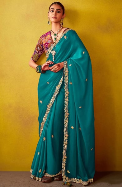 Peacock Blue Embroidered Designer Saree for Ceremonial