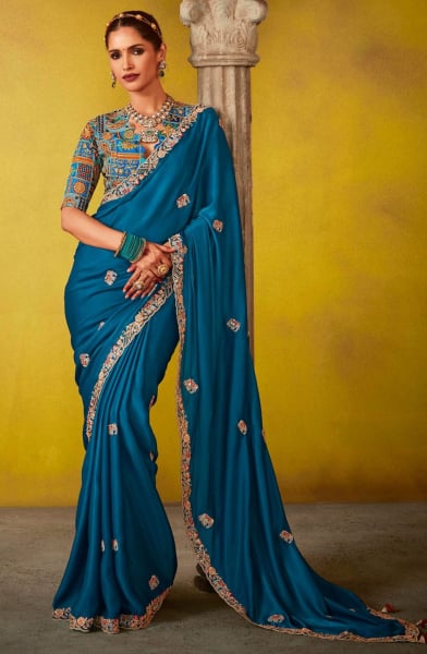 Peacock Blue Embroidered Designer Saree for Ceremonial