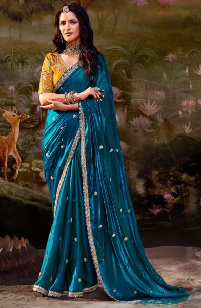 Peacock Blue Embroidered Designer Saree for Wedding