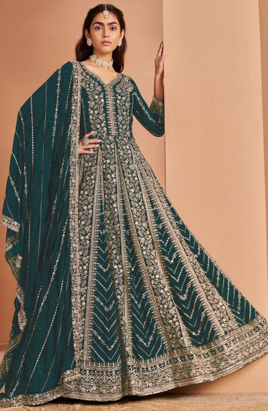 Peacock Blue Embroidered Faux Georgette Anarkali Suit