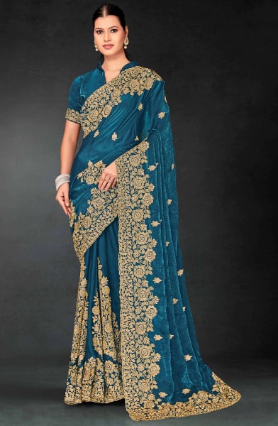 Peacock Blue Embroidered Fendi Silk Saree