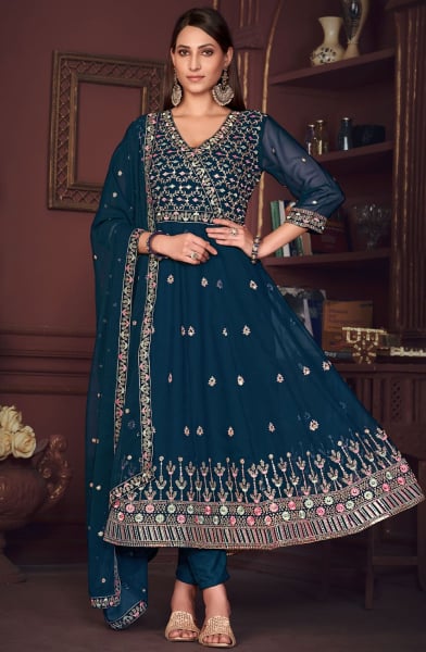 Peacock Blue Embroidered Georgette Anarkali Suit