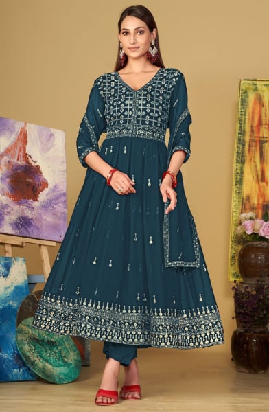 Peacock Blue Embroidered Georgette Anarkali Suit