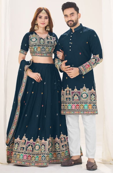 Peacock Blue Embroidered Georgette Couple Combo