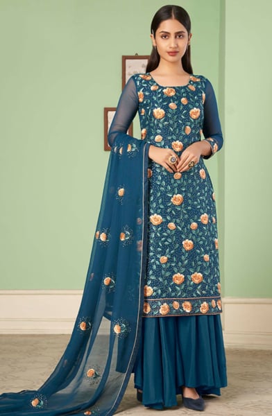 Peacock Blue Embroidered Georgette Designer Sarara Kameez Suit