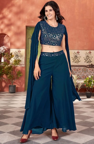 Peacock Blue Embroidered Georgette IndoWestern