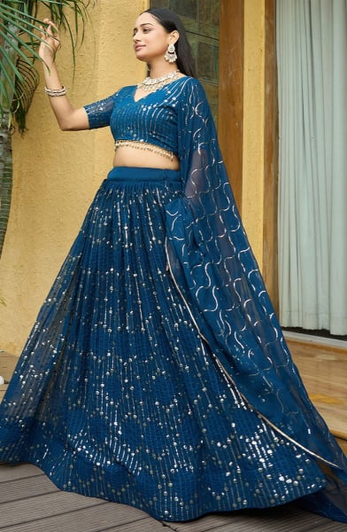 Peacock Blue Embroidered Georgette Lehenga Choli