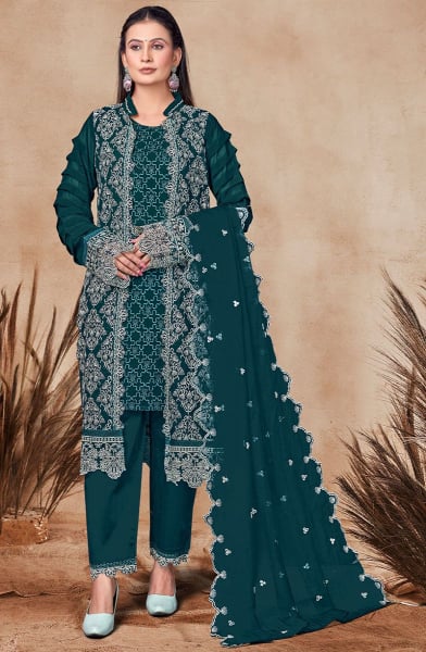Peacock Blue Embroidered Georgette Pant Kameez with Jacket