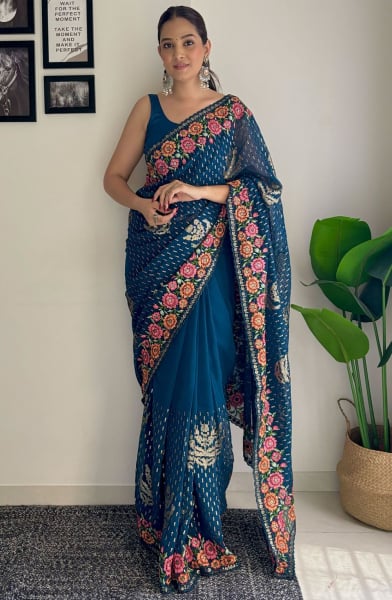Peacock Blue Embroidered Georgette Saree