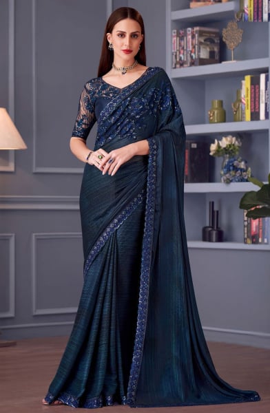Peacock Blue Embroidered Glitter Silk Designer Saree
