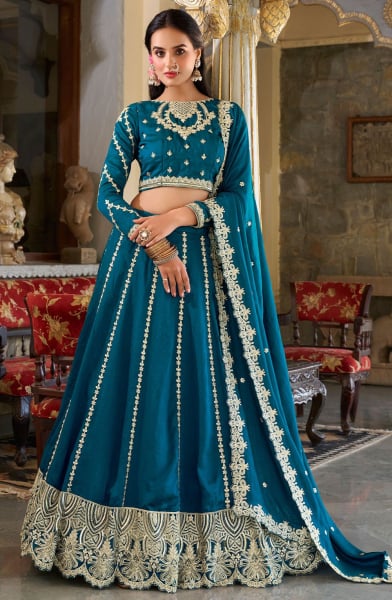 Peacock Blue Embroidered Moonga Silk Lehenga Choli