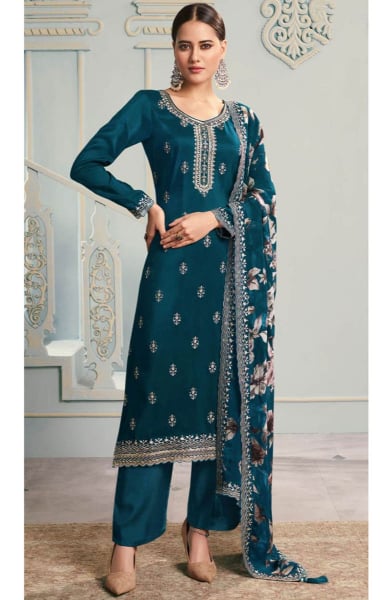 Peacock Blue Embroidered Moonga Silk Pant Kameez for Festival
