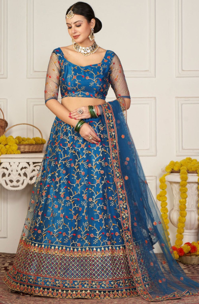Peacock Blue Embroidered Net Lehenga Choli