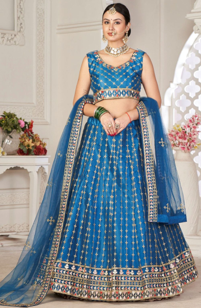 Peacock Blue Embroidered Net Lehenga Choli