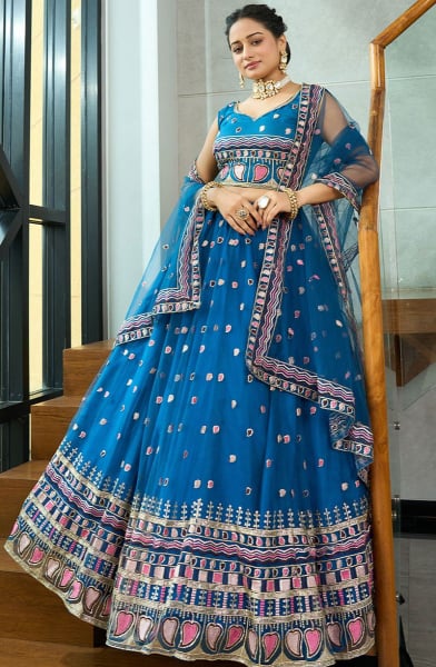 Peacock Blue Embroidered Net Lehenga Choli