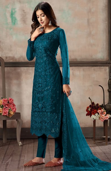 Peacock Blue Embroidered Net Pant Kameez