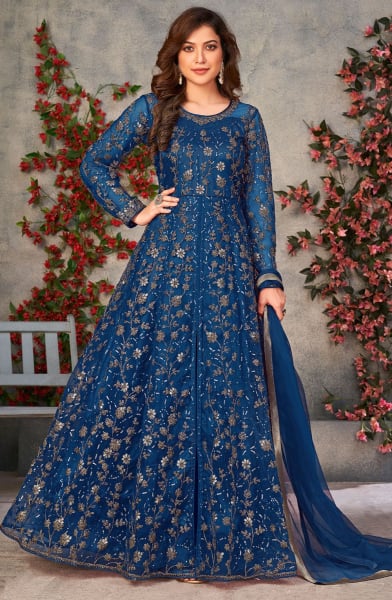 Peacock Blue Embroidered Net Pant Kameez for Ceremonial