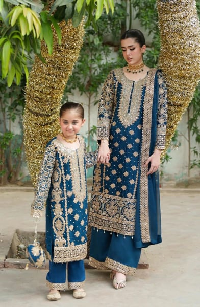 Peacock Blue Embroidered Palazzo Kameez Combo