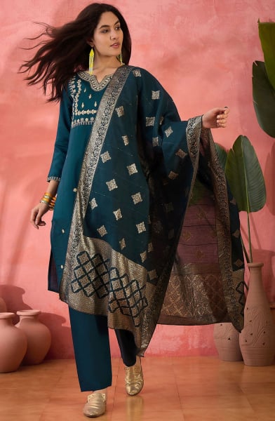 Peacock Blue Embroidered Roman Silk Readymade Suit