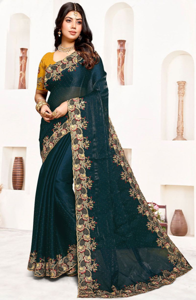 Peacock Blue Embroidered Satin Silk Saree