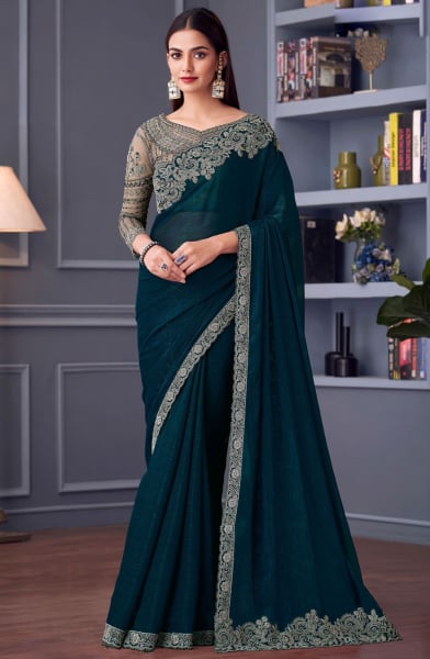 Peacock Blue Embroidered Shimmer Georgette Designer Saree