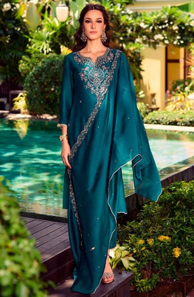 Peacock Blue Embroidered Shimmer Silk Pant Kameez
