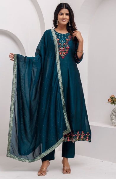 Peacock Blue Embroidered Silk A-Line Suit
