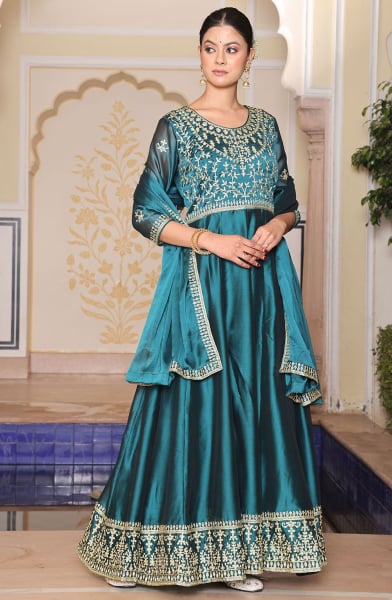 Peacock Blue Embroidered Silk Anarkali Suit